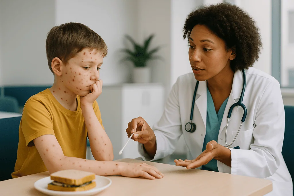 Doctor examining child with chickenpox rash during consultation: How chickenpox spreads, and why the scabs are the whole sto