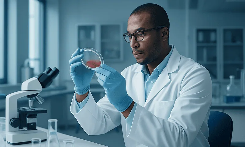 Researcher examining a petri dish in a laboratory setting.
