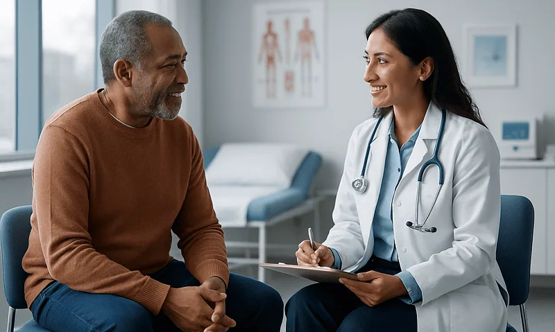 Doctor consulting with an elderly male patient in a medical office.