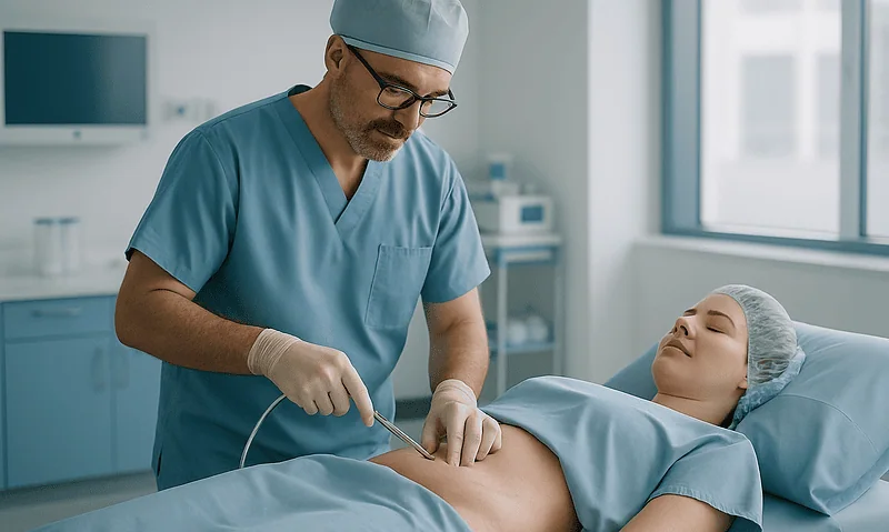 Surgeon performing liposuction procedure in a modern hospital room.