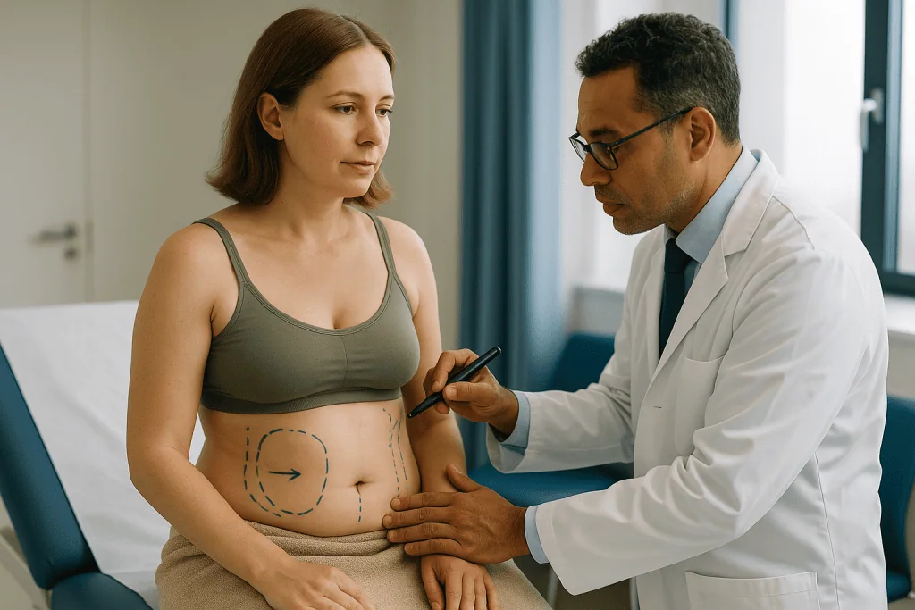 Surgeon marking abdomen for cosmetic procedure consultation: How classic liposuction works, from the first marking to the la