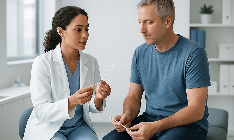 Doctor explaining catheterization procedure to patient in clinic setting.