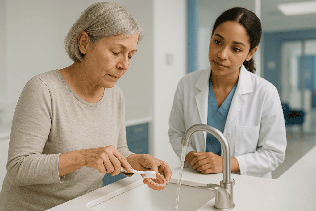 Older woman cleaning dentures with healthcare provider supervising: How cleaning a removable appliance actually works