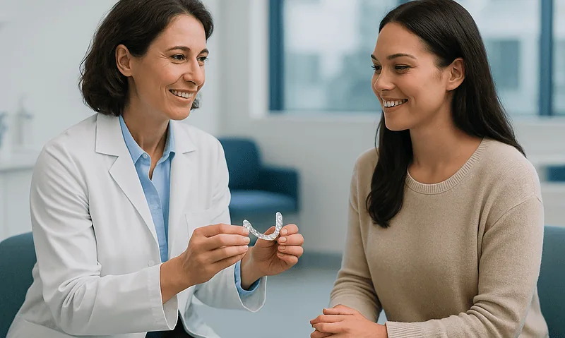Dentist showing clear aligner to patient during consultation at Acibadem Hospital.