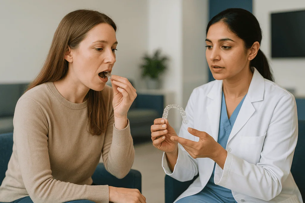 Female patient discussing clear aligners with dentist: How clear aligners actually move teeth