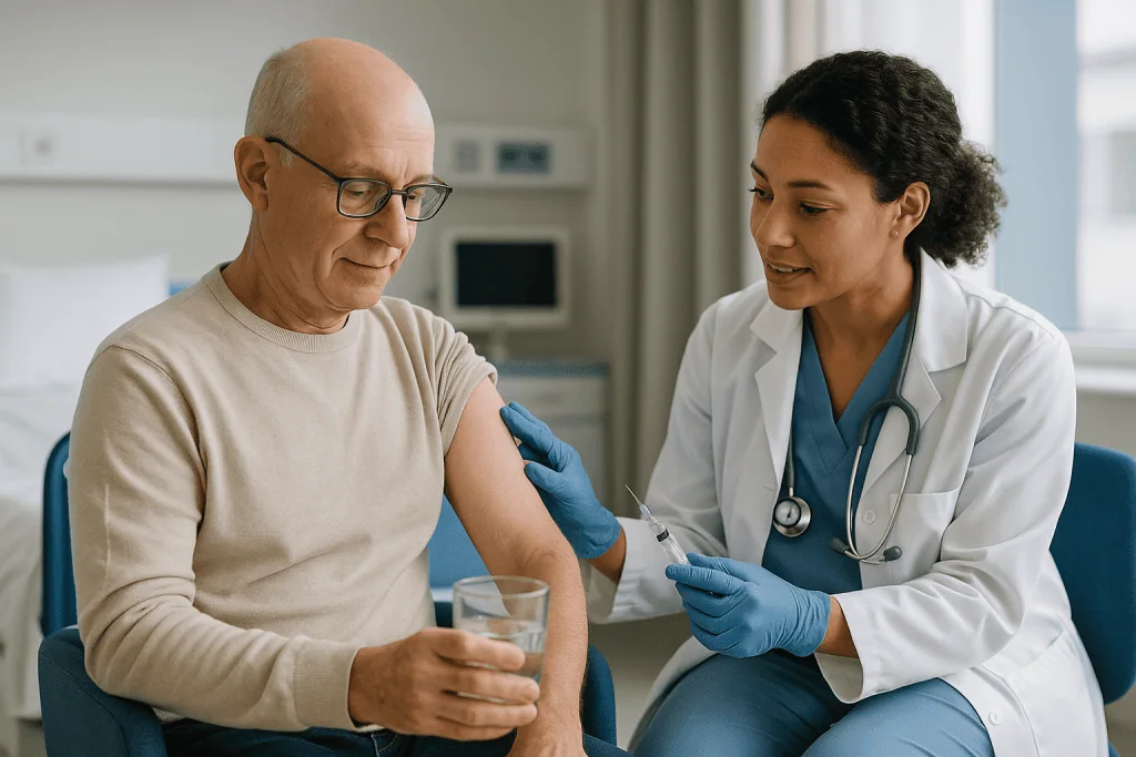 Doctor administering vaccine injection to elderly male patient: How CLL infection prevention during treatment actually works