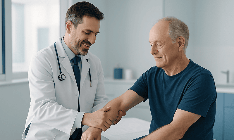 Doctor shaking hands with an elderly patient in a hospital room.