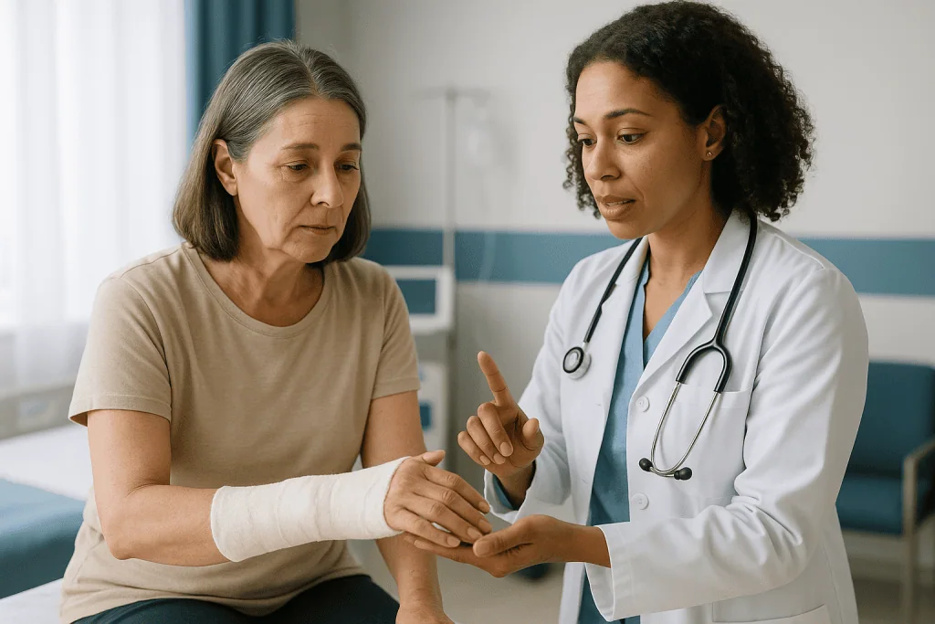 Doctor examining patient's bandaged arm in clinic: How closed reduction works, step by step