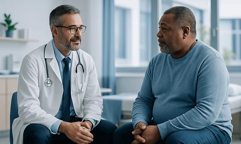 Doctor consulting with patient in a modern medical office.