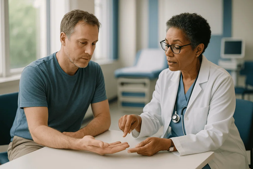 Doctor examining patient's hand in clinical consultation: How clotting works, and where each type breaks the chain