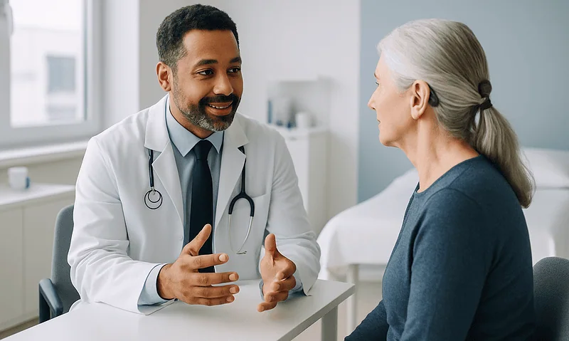 Doctor consulting with an elderly woman in a medical office.