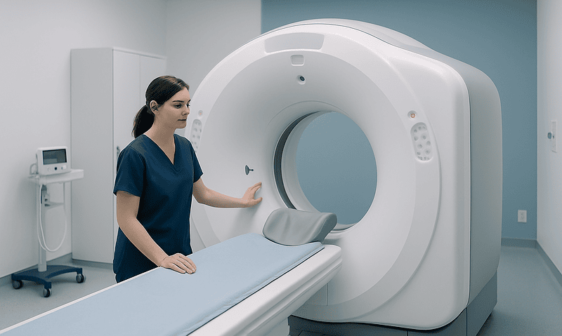 Technician prepares a CT scanner in a modern medical imaging room.