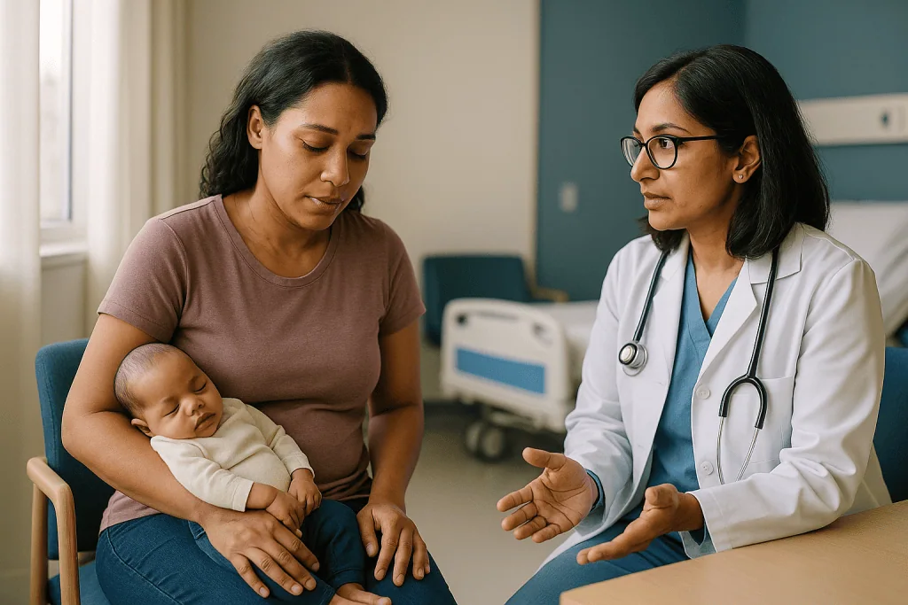 Female doctor consulting mother holding newborn baby: How common are bladder problems after childbirth, and who is more like