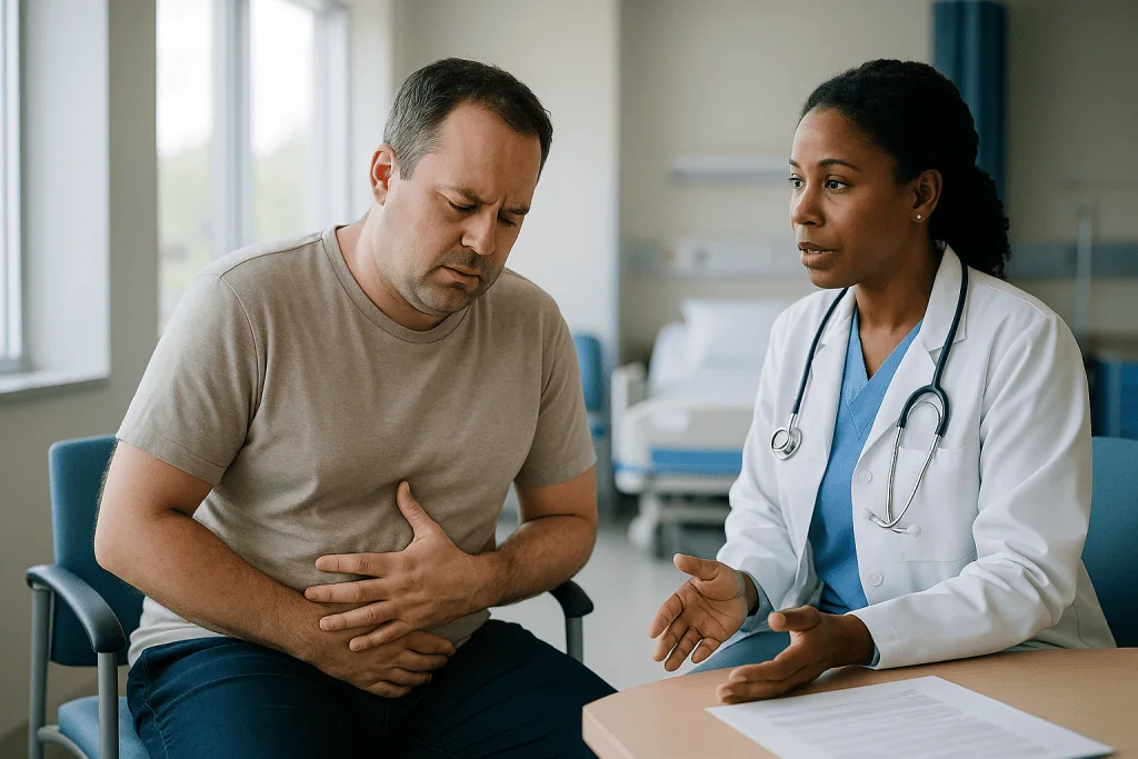 Doctor consulting patient about abdominal symptoms in clinic — How common is dumping syndrome, and who is more likely to be a