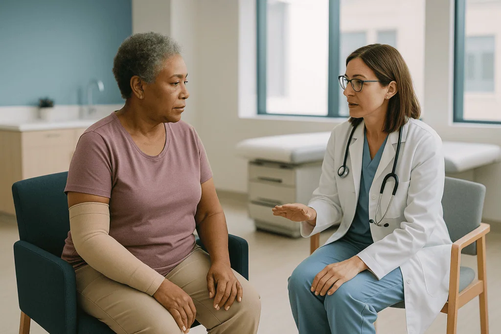 Doctor consulting with patient wearing arm compression sleeve: How common is lymphedema after breast cancer treatment, and w