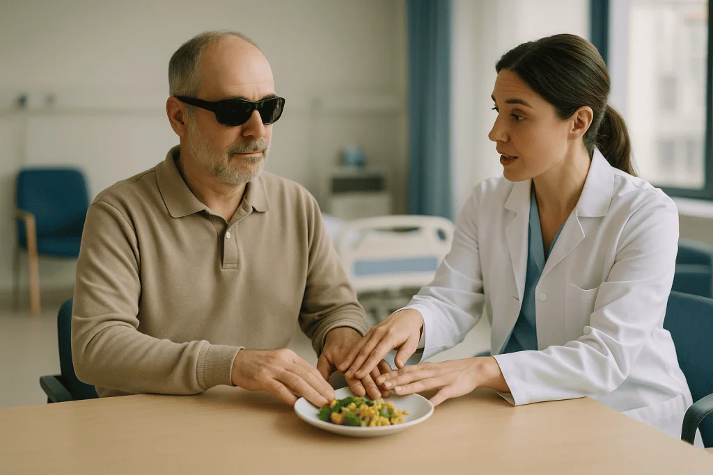 Doctor consulting with male patient about nutrition: How communication training actually works when two senses are reduced