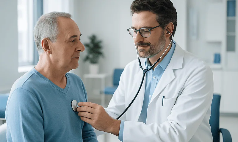 Doctor examining a senior male patient with a stethoscope in a hospital room.