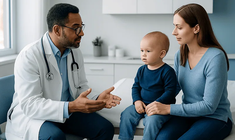 Pediatric neurologist consulting with mother and child in hospital setting.