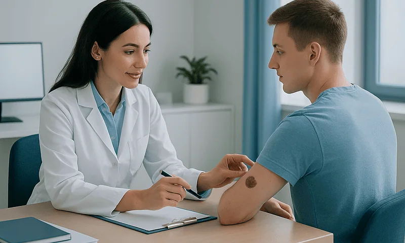 Doctor examining a patient's skin lesion in a consultation room.
