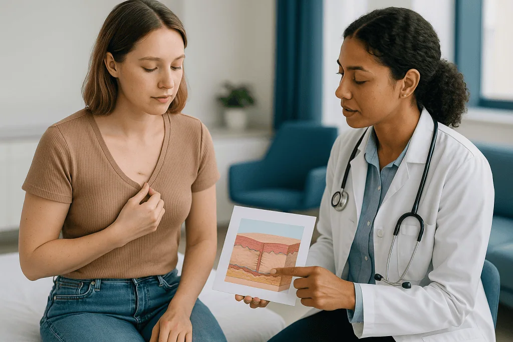 Doctor showing skin condition diagram to patient: How congenital nevus scar care works: what actually happens under a healin