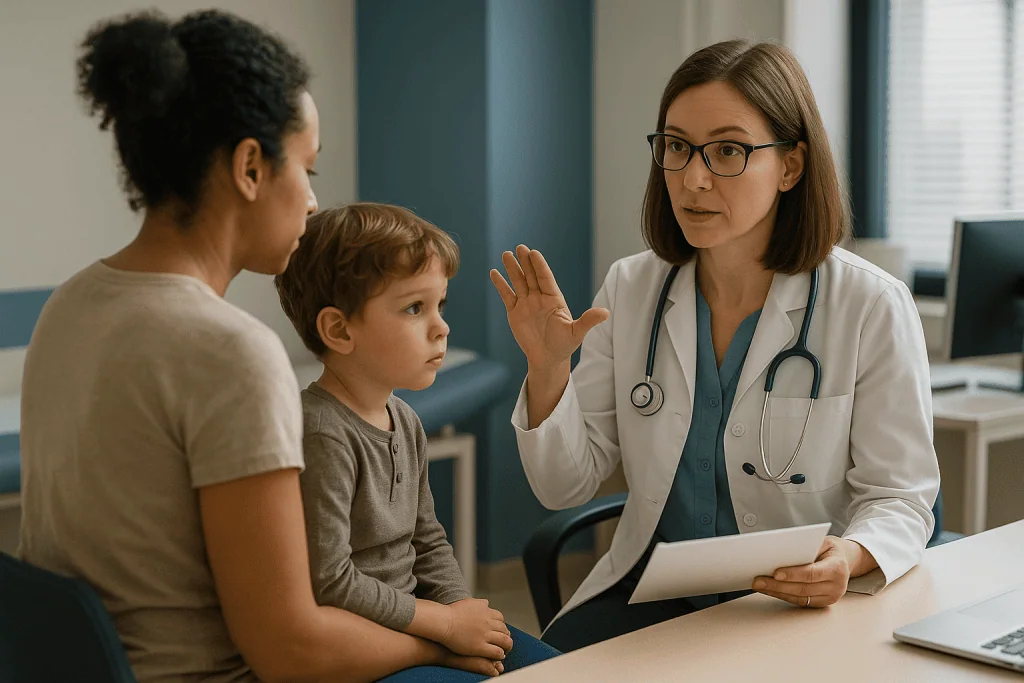 Doctor consulting mother and child about health — How contagious is measles compared with other infections?