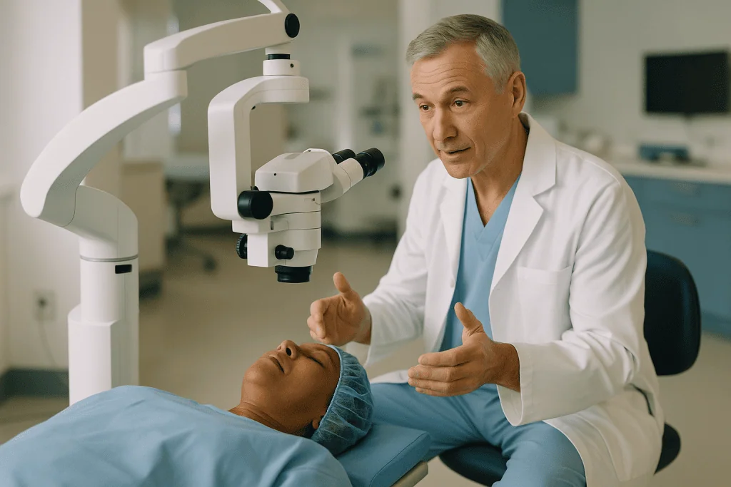 Ophthalmologist examining patient with surgical microscope: How conventional cataract surgery works, step by step