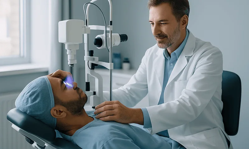 Ophthalmologist performs corneal examination on patient with specialized equipment.
