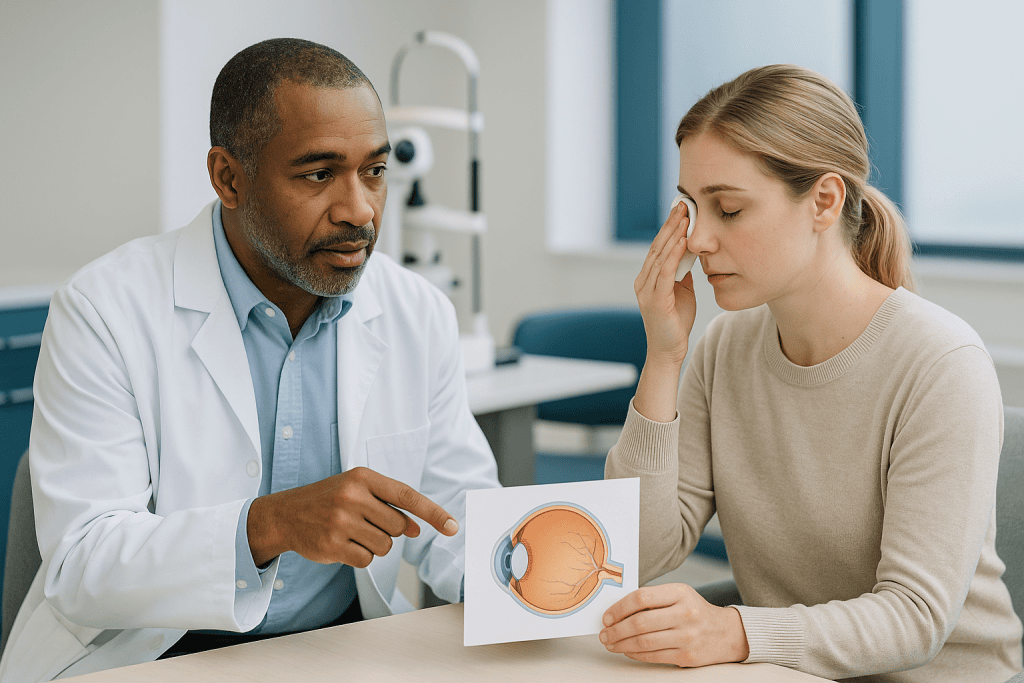Doctor consulting with patient using eye anatomy diagram: How corneal repair techniques are chosen: depth, cause and urgency