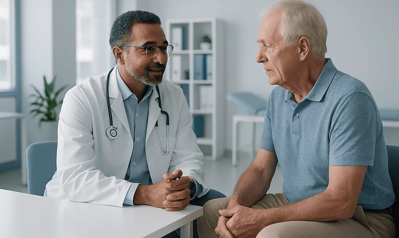 Doctor consulting with an elderly male patient in a medical office.