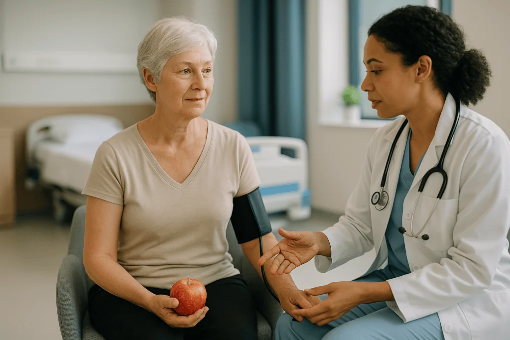 Doctor consulting senior female patient during blood pressure check: How cortisol recovery works after surgery