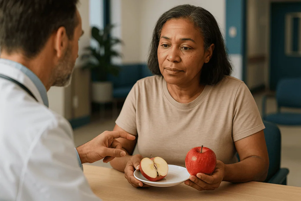 Doctor and patient discussing apple and apple slices: How could vinegar affect blood sugar at all? The mechanism