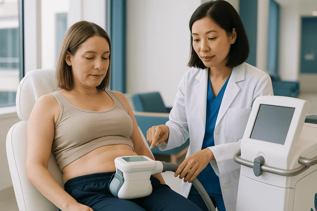 Pregnant woman receiving ultrasound examination from female doctor: How cryolipolysis (fat freezing) actually works
