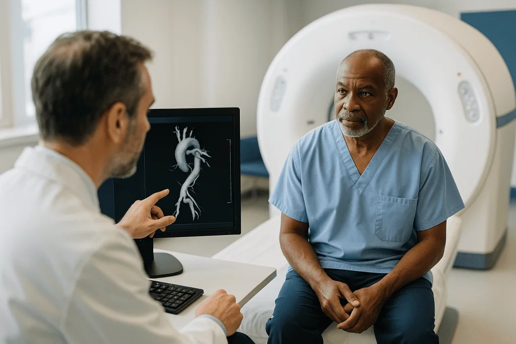 Doctor reviewing vascular imaging with patient near CT scanner: How CT angiography for aortic disease actually works