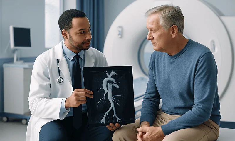 Doctor showing patient an angiography scan of the aorta in a hospital setting.