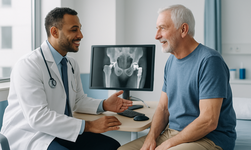 Doctor consulting with elderly patient about hip X-ray in clinic.