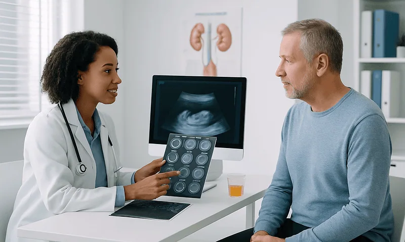 Doctor explaining ultrasound results to a patient in a medical office.