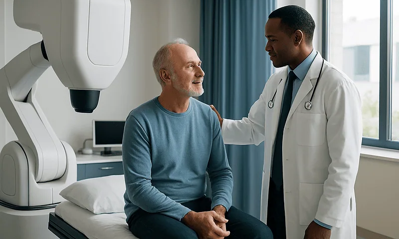 Doctor and patient discussing treatment in a modern medical room with advanced equipment.