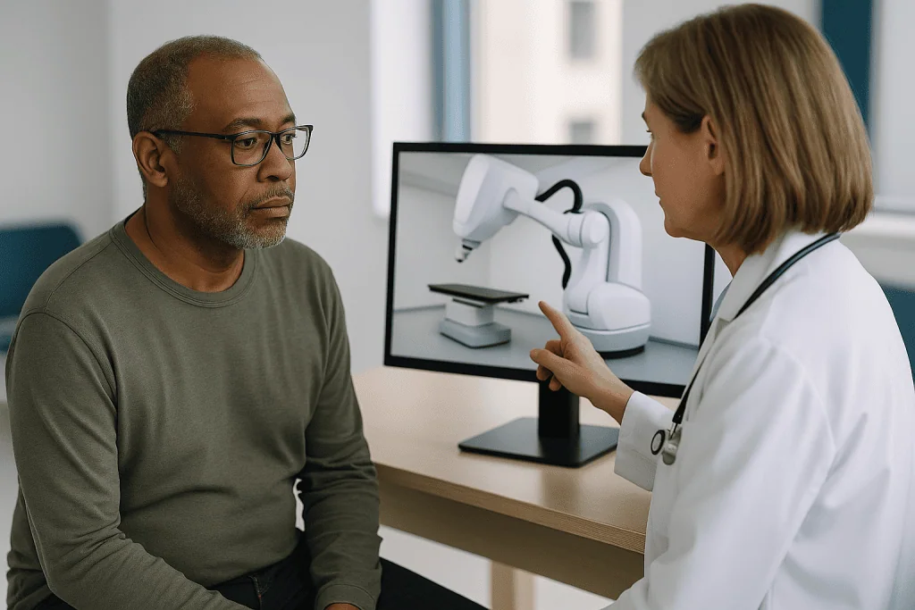 Doctor consultation with patient viewing robotic surgery image: How CyberKnife treatment works, step by step