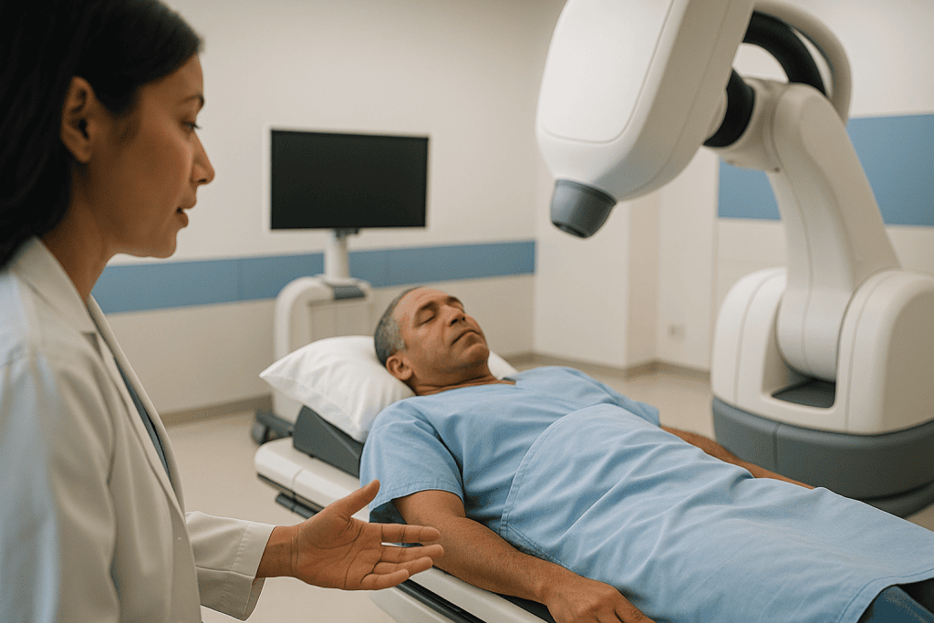 Patient undergoing radiotherapy treatment with medical staff monitoring: How CyberKnife works: robotic radiosurgery in plain