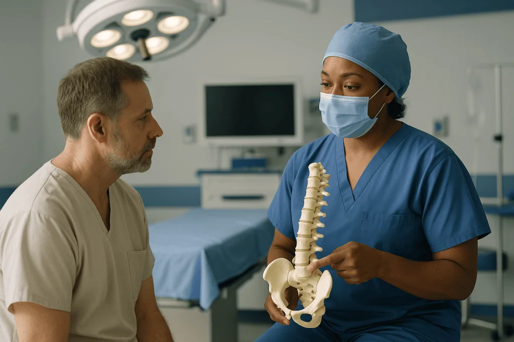 Surgeon explaining spinal anatomy model to patient: How decompression surgery works: what actually happens in the operating 