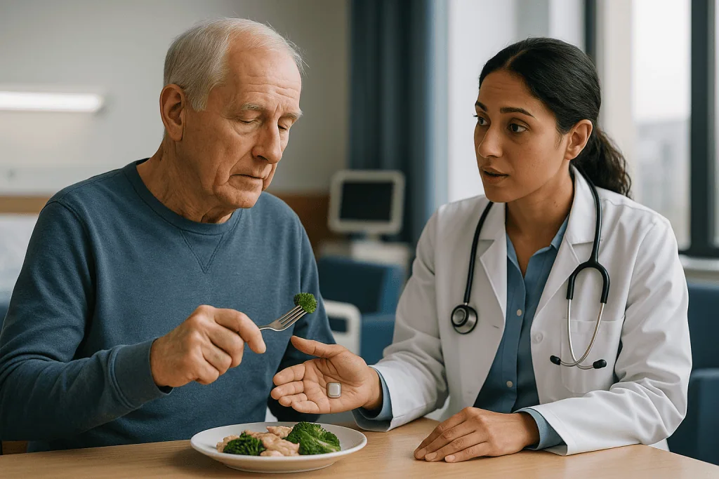 Doctor discussing nutrition with elderly patient during meal: How deep brain stimulation actually works
