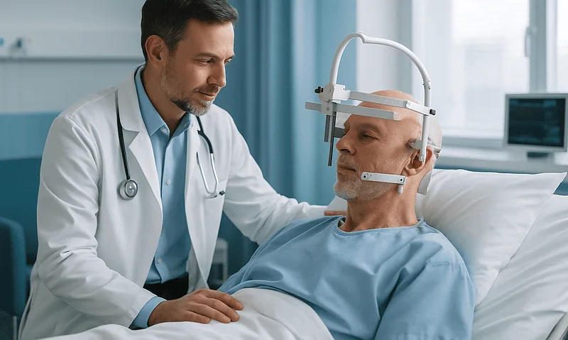 How Deep Brain Stimulation Surgery Is Performed: Electrodes, Testing and the Pulse Generator 7 Doctor examining patient with deep brain stimulation equipment in hospital.