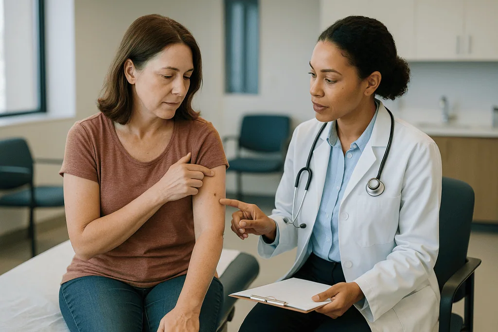 Doctor examining patient's arm during consultation: How deep do they cut for stage 1 melanoma?