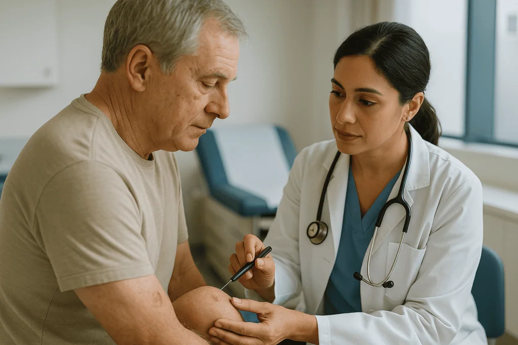 Doctor examining patient's knee or leg during consultation: How deep do they cut to remove basal cell carcinoma?