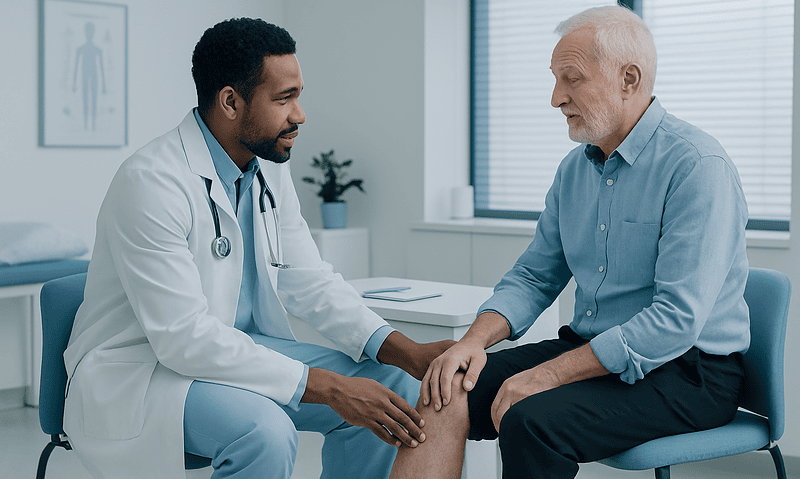 Doctor examining patient's leg in a medical consultation room.