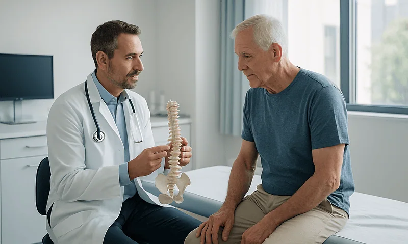 Orthopedic specialist explaining spinal anatomy to an elderly patient.