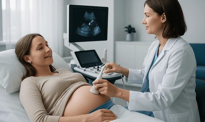 Pregnant woman at ultrasound appointment with doctor in hospital.