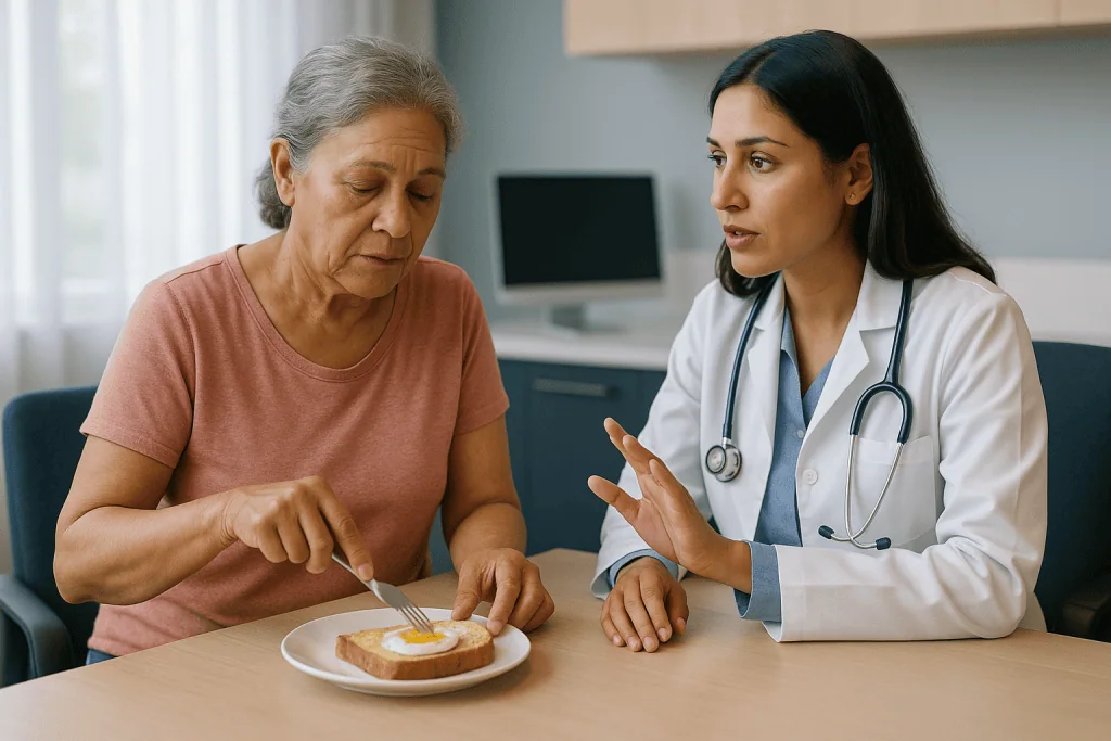 Doctor consulting with senior patient about food/nutrition: How demyelination actually works, and why symptoms shift