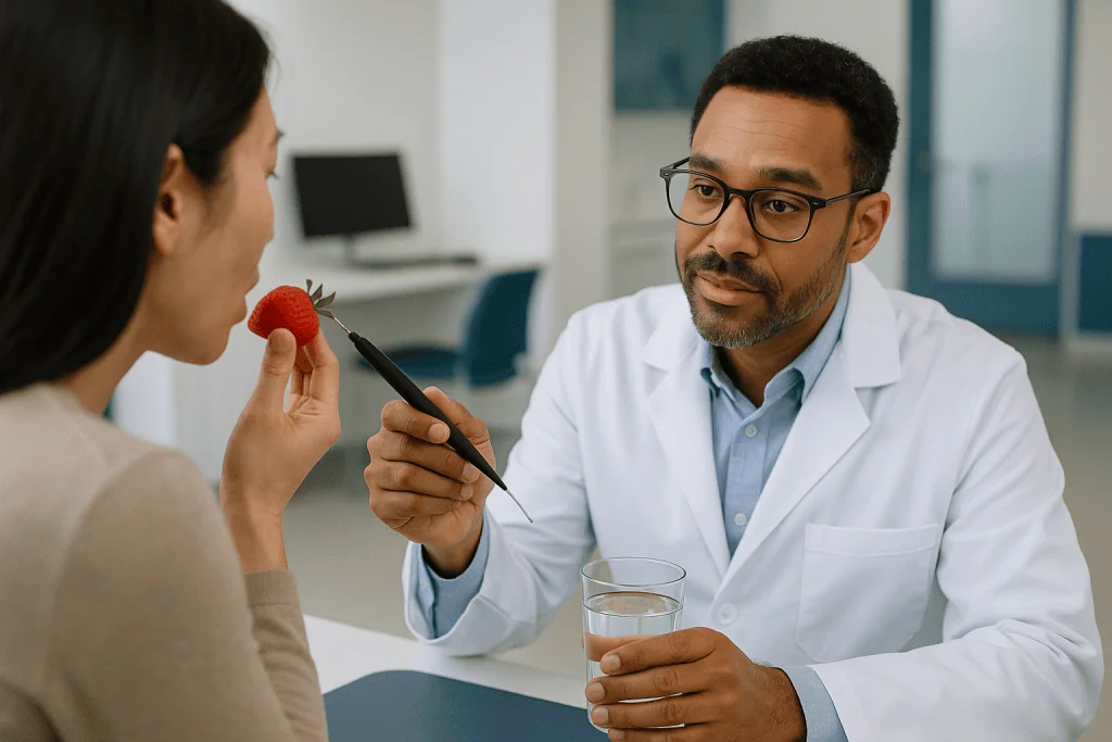 Doctor consulting patient about nutrition with strawberry: How dental lasers actually work: light, water and tissue