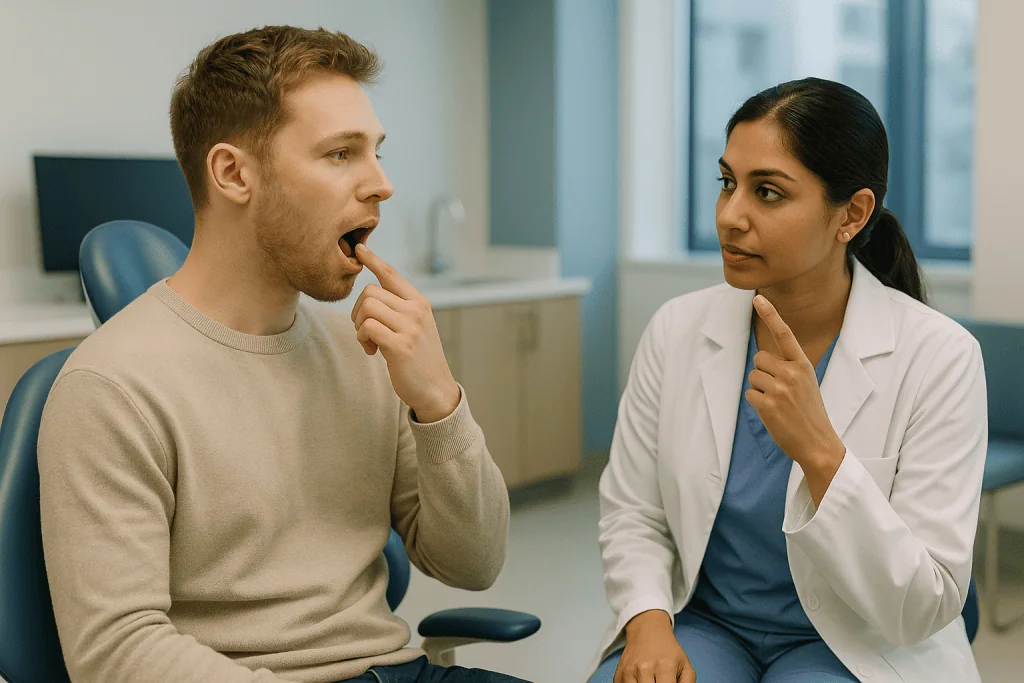 Doctor examining patient's mouth in clinical consultation: How dentists check whether jaw growth has finished